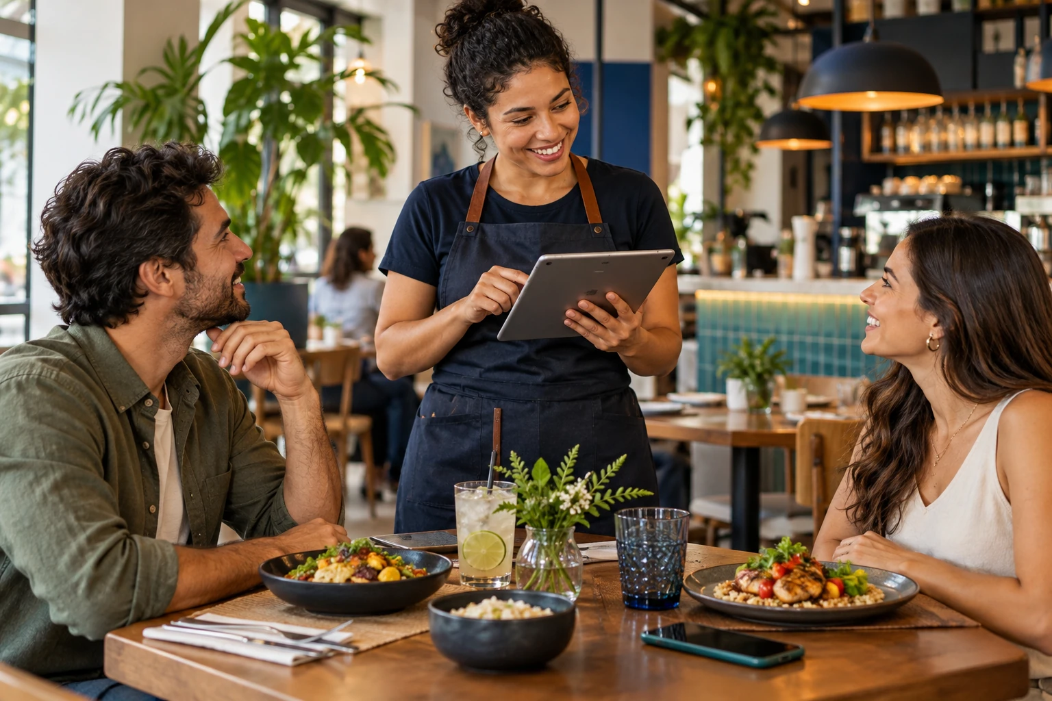 Atendimento com recursos digitais em um estabelecimento de alimentação.