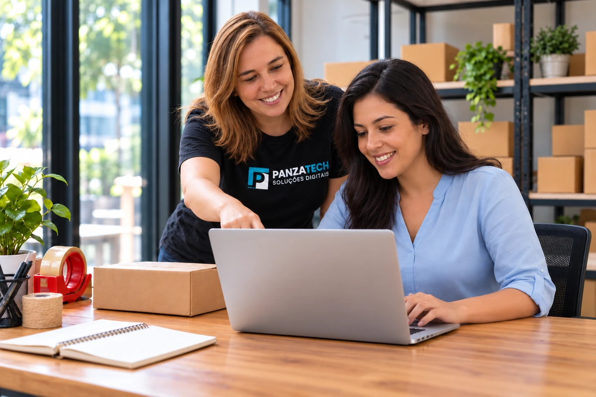 Profissional Panzatech em pé orientando uma cliente sentada no uso do ERP para e-commerce