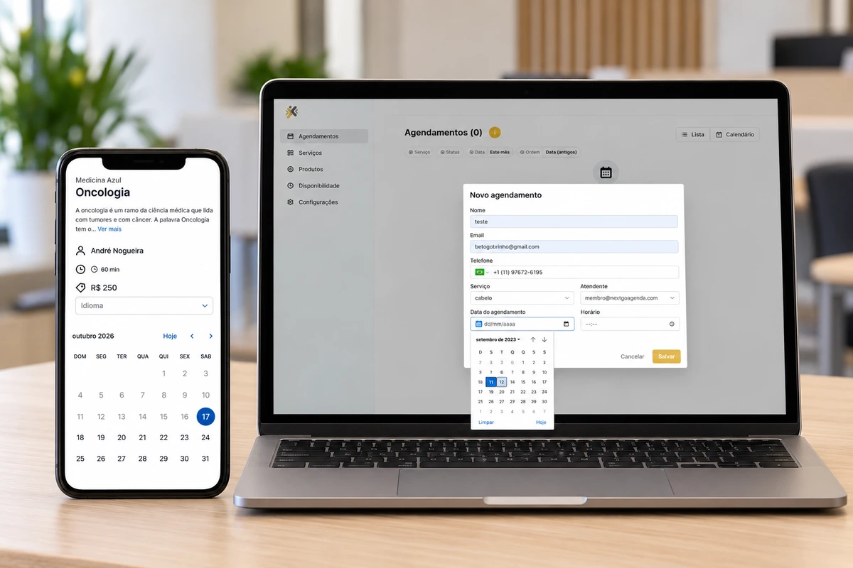 Agenda online no celular e painel de agendamento no notebook